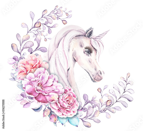 Watercolor hand painted unicorn, flowers, leaves and berries. Hand drawn illustration. Perfect for patterns, cards, wedding invitations, baby shower, web design, logo