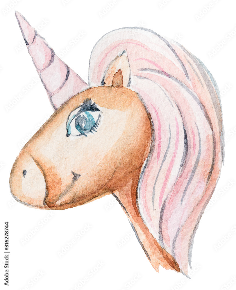 Obraz Hand painted watercolor cute lovely unicorn. Perfect for print, poster, logotype, pattern, wedding invitation, home decor, sticker, scrapbooking