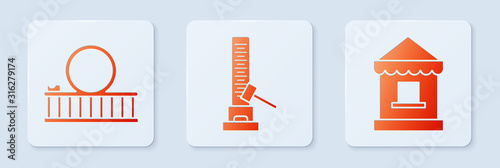 Set High striker attraction with big hammer, Roller coaster and Ticket box office. White square button. Vector