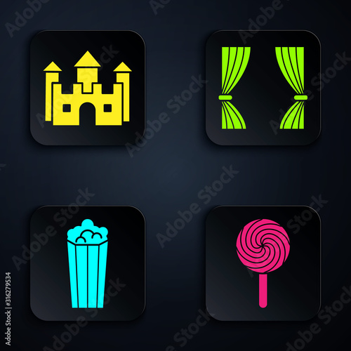 Set Lollipop, Castle, Popcorn in cardboard box and Curtain. Black square button. Vector