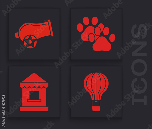 Set Hot air balloon, Cannon, Paw print and Ticket box office icon. Vector
