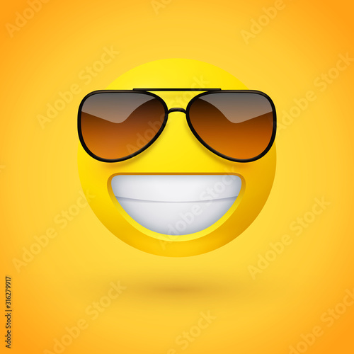 Beaming face emoji with stylish sunglasses and an open smile with a full-toothed grin as if saying Cheese! for the camera