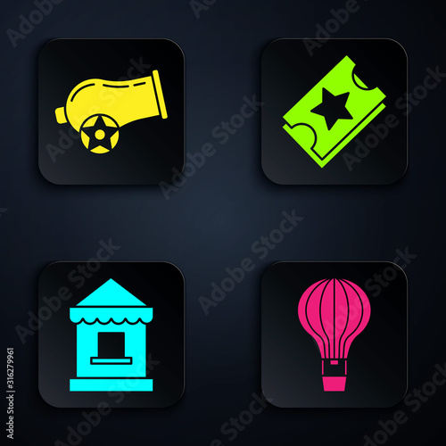 Set Hot air balloon, Cannon, Ticket box office and Ticket. Black square button. Vector