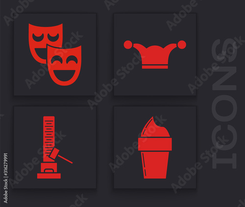 Set Ice cream in waffle cone, Comedy theatrical masks, Jester hat with bells and High striker attraction with big hammer icon. Vector