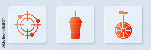 Set Paper glass with drinking straw and water, Target sport for shooting competition and Unicycle or one wheel bicycle. White square button. Vector