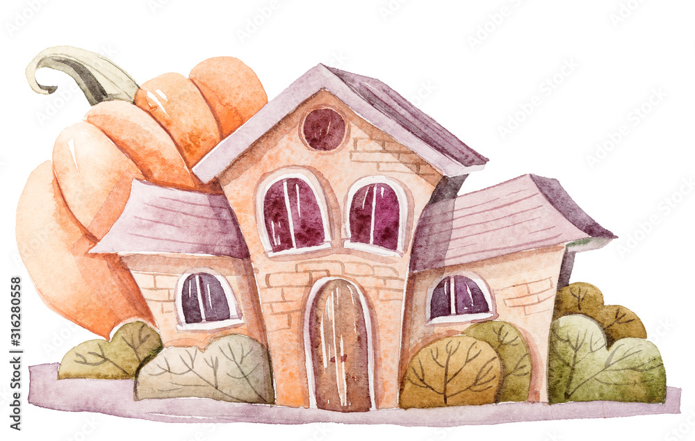 Fototapeta Watercolor hand painted cute houses clipart on white background. Lovely illustration for stickers, print, pattern, greeting cards, invitations. Halloween houses, pumpkins, trees