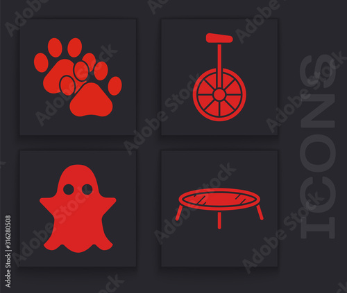 Set Jumping trampoline, Paw print, Unicycle or one wheel bicycle and Ghost icon. Vector