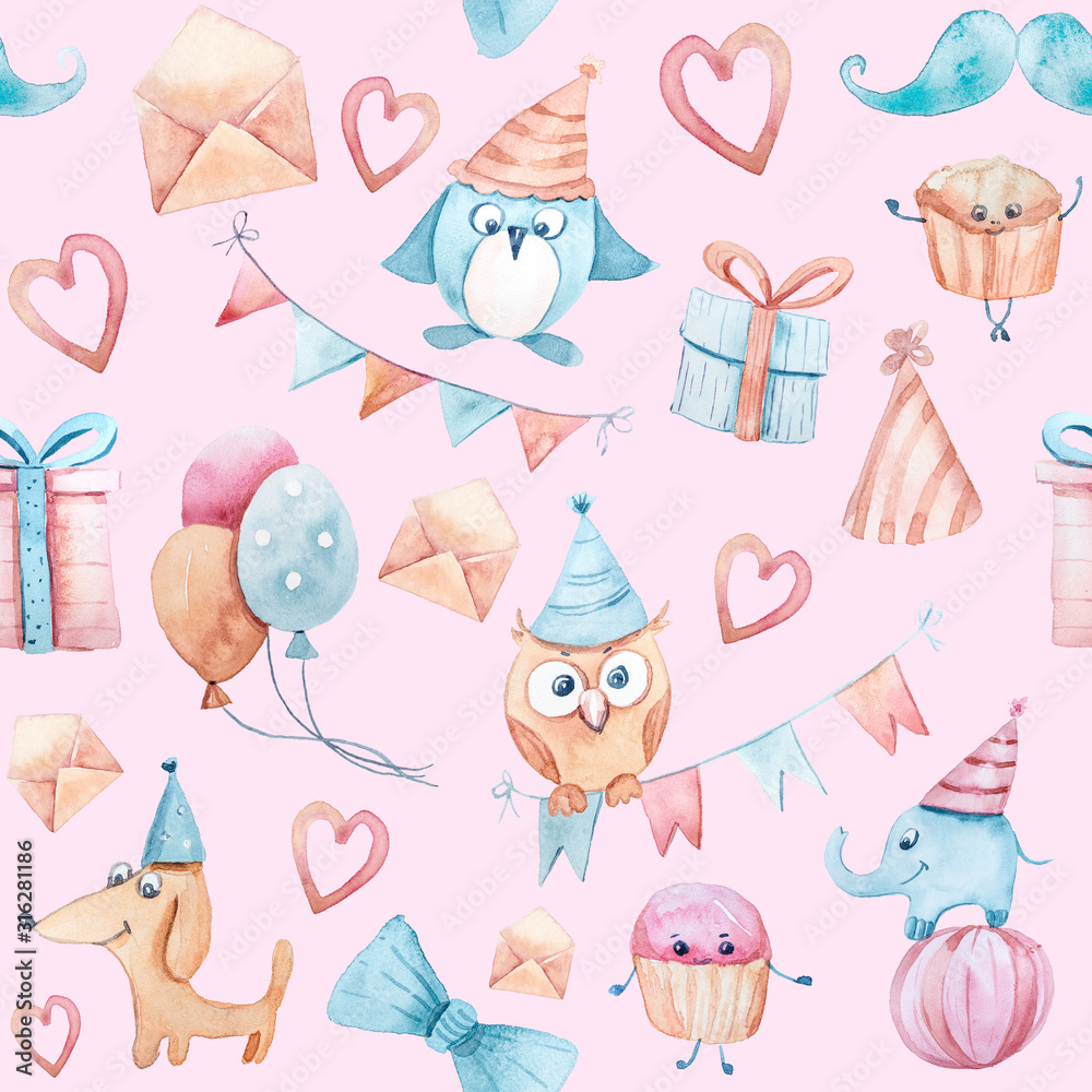 Watercolor hand painted birthday seamless pattern on pink background. Penguin, dog, elephant, present box , star, fish, cup cake, owl, heart collection