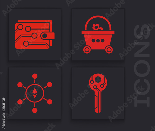 Set Cryptocurrency key, Cryptocurrency wallet, Shopping basket with bitcoin and Blockchain technology Ethereum ETH icon. Vector
