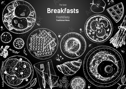Breakfasts top view frame. Morning food menu design. Breakfast and brunches dishes collection. Vintage hand drawn sketch, vector illustration. Engraved style.