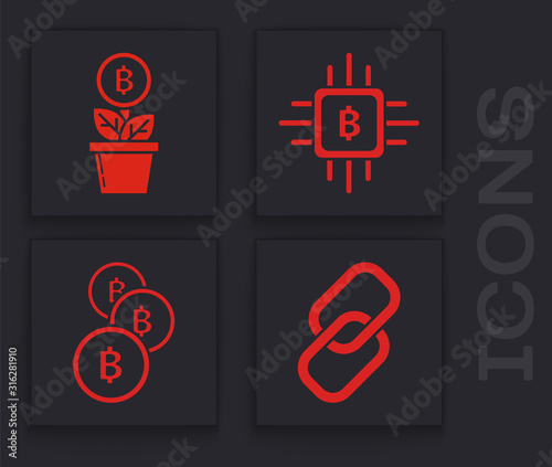 Set Chain link, Bitcoin plant in the pot, CPU mining farm and Cryptocurrency coin Bitcoin icon. Vector