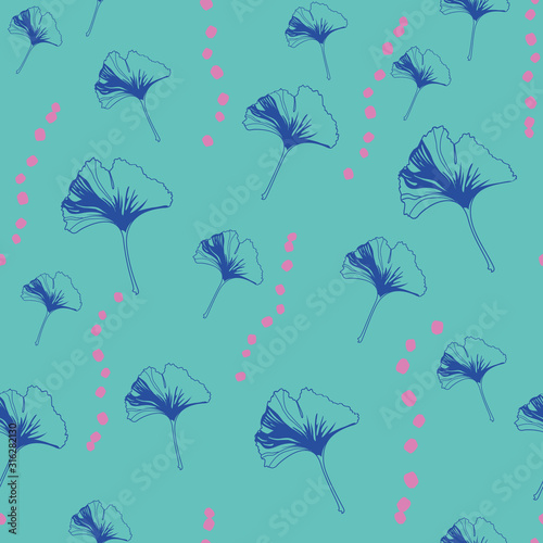 Vector seamless pattern ginko wax with blue ginkgo leaves, pink dots