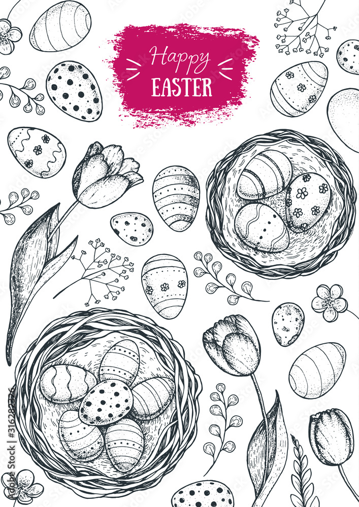 Obraz premium Happy Easter vintage frame. Hand drawn template for design. Easter eggs, spring tulip and branches collection. Retro style sketch