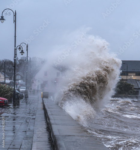 Storm Brendan hits Ireland. Photo taken in Blackrock Villag, Co Louth 13th January 2020..Dark sky, heavy rain and huge powerfull waves lash over the sea.