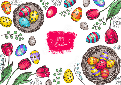 Happy Easter vintage frame. Hand drawn template for design. Easter eggs, spring tulip and branches collection. Cartoon style illustration.