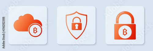 Set Shield security with lock, Cryptocurrency cloud mining and Lock with bitcoin. White square button. Vector