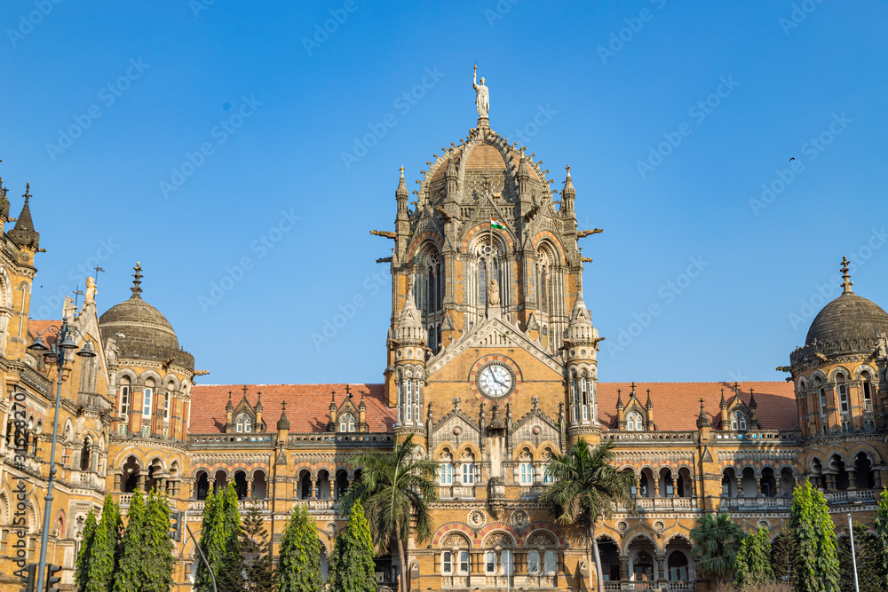 Close- up veiw of Chhatrapati Shivaji Terminus formerly Victoria Terminus in Mumbai, India is a UNESCO World Heritage Site and historic railway station which serves as the headquarters of the Central 