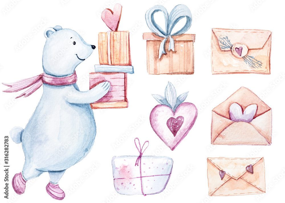 Cute watercolor hand painted set with white bear, hearts, gift boxes, envelopes, on white background. Perfect for valentine's day card, print, wedding invitation Cute watercolor hand painted set with white bear, hearts, gift boxes, envelopes, on white background. Perfect for valentine's day card, print, wedding invitation