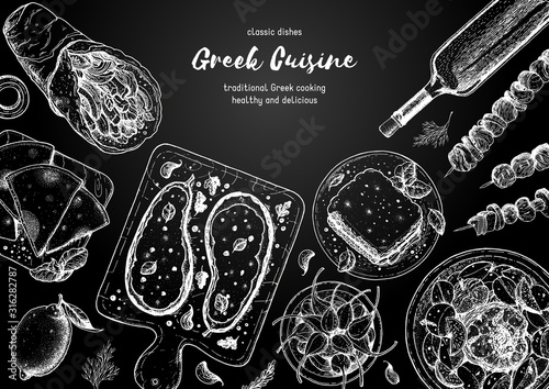 Greek cuisine top view frame. A set of greek dishes with gyros, pita, papoutsakia, pastitsio, kleftiko, grill . Food menu design template. Vintage hand drawn sketch vector illustration. Engraved image