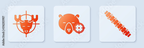 Set Hunt on bear with crosshairs, Hunt on moose with crosshairs and Hunting cartridge belt with cartridges. White square button. Vector