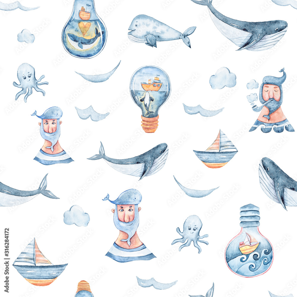 Naklejka premium Watercolor hand painted sea life illustration. Seamless pattern on white background. Whale, fish, wave collection. Perfect for textile design, fabric, wrapping paper, scrapbooking