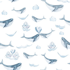 Papier peint photo Vagues de la mer patrons Baleines poissons aquarelle marine  © Tiana_Geo
