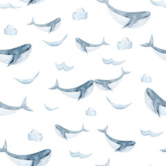 Sierkussen Zeedieren patronen Watercolor hand painted sea life illustration. Seamless pattern on white background. Whales collection. Perfect for textile design, fabric, wrapping paper, scrapbooking  © Tiana_Geo