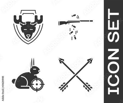 Set Crossed arrows, Moose head on shield, Hunt on rabbit with crosshairs and Gun shooting icon. Vector