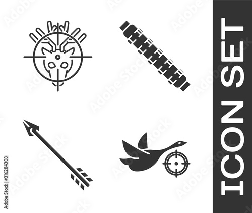 Set Hunt on duck with crosshairs, Hunt on deer with crosshairs, Hipster arrow and Hunting cartridge belt with cartridges icon. Vector
