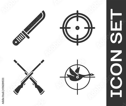 Set Hunt on duck with crosshairs, Hunter knife, Two crossed shotguns and Target sport for shooting competition icon. Vector