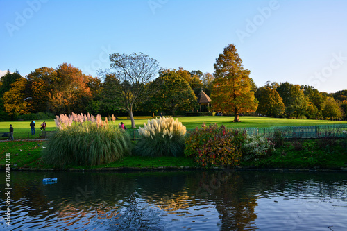 Photography View of Golders Hill Park with its Bird Pond, trees, flowers and the bandstand, in the sunset light