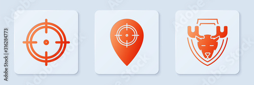 Set Hunt place, Target sport for shooting competition and Moose head on shield. White square button. Vector