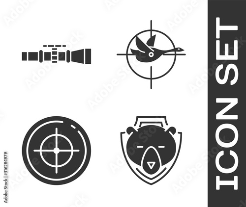 Set Bear head on shield, Sniper optical sight, Target sport for shooting competition and Hunt on duck with crosshairs icon. Vector