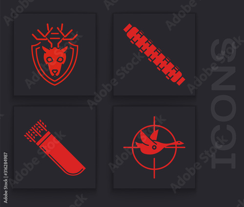 Set Hunt on duck with crosshairs, Deer head with antlers on shield, Hunting cartridge belt with cartridges and Quiver with arrows icon. Vector