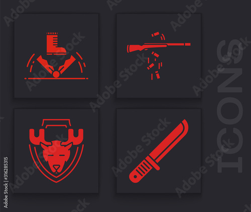 Set Hunter knife, Trap hunting, Gun shooting and Moose head on shield icon. Vector