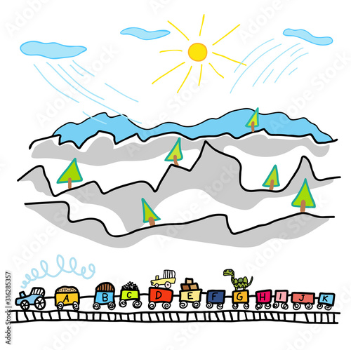 A hand-drawn train moves in the mountains. Doodle style.