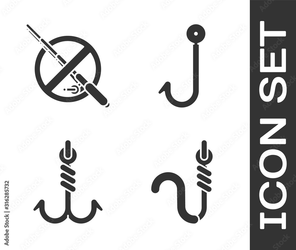 Set Fishing hook and worm, No fishing, Fishing hook and Fishing hook icon.  Vector Stock Vector