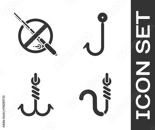 Set Fishing hook and worm, No fishing, Fishing hook and Fishing hook icon. Vector