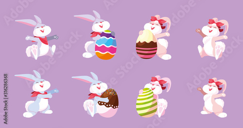 set of bunnies with easter eggs, happy easter
