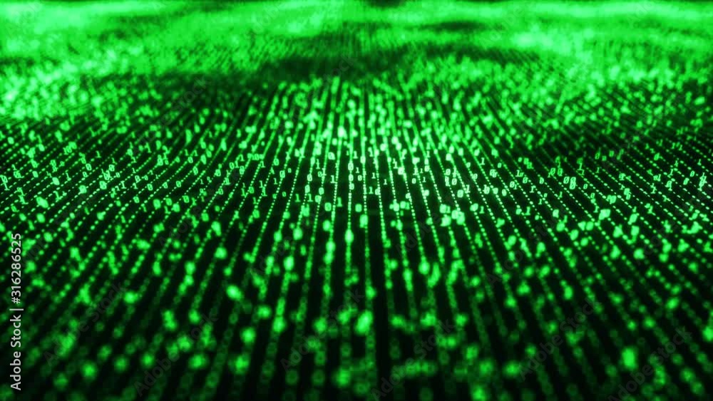 Digital wavy landscape with binary code moving, glowing neon style, binary data background, blue color, seamless loop animation with depth of field