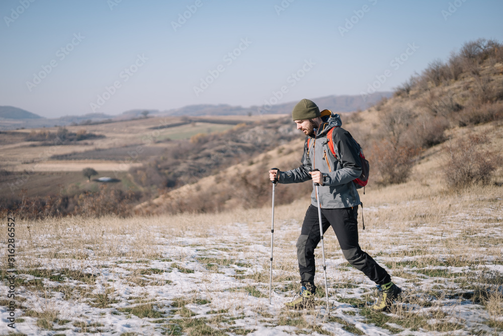 Man walking with poles on mount with fields view Man walking with poles on mount with fields view