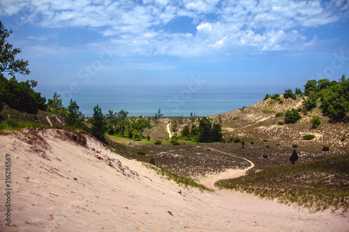 View of Lake Michigan over the dunes at Indiana Dunes National Park photo