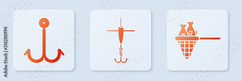 Set Fishing hook and float, Fishing hook and Fishing net with fish. White square button. Vector