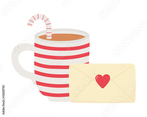 happy valentines day, cup chocolate with candy cane and envelope letter love