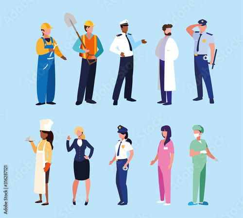 set of professions people with uniform of work