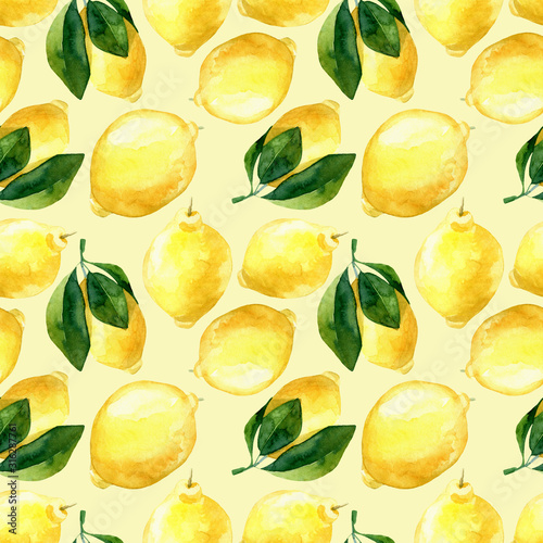 Seamless hand rawn watercolor lemon pattern on yellow background. Botanical illustration of yellow citrus fruits. Ideal for food packaging design