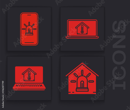 Set Smart house and alarm, Mobile phone with smart house and alarm, Laptop with house temperature and Laptop with house temperature icon. Vector