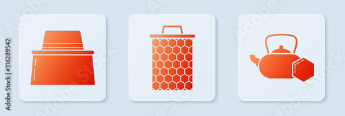 Set Honeycomb, Beekeeper with protect hat and Tea kettle with honey. White square button. Vector