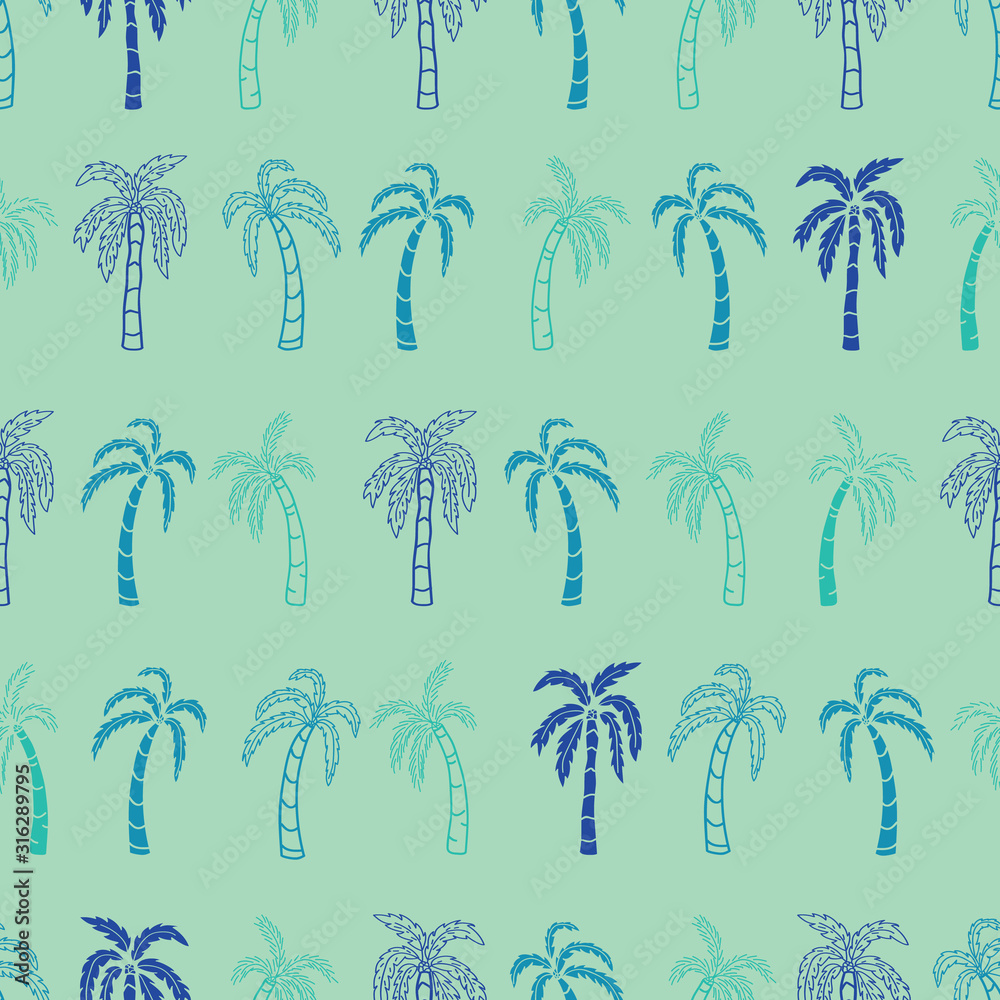 Vector cyan tropical coconut trees horizontal seamless pattern background