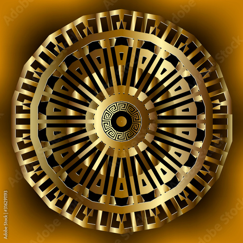 3d round gold greek mandala pattern. Vector ornamental luxury glowing background. Ornate backdrop. Greek key meanders surface 3d ornament. Decorative elegant beautiful golden design. Plate. Template